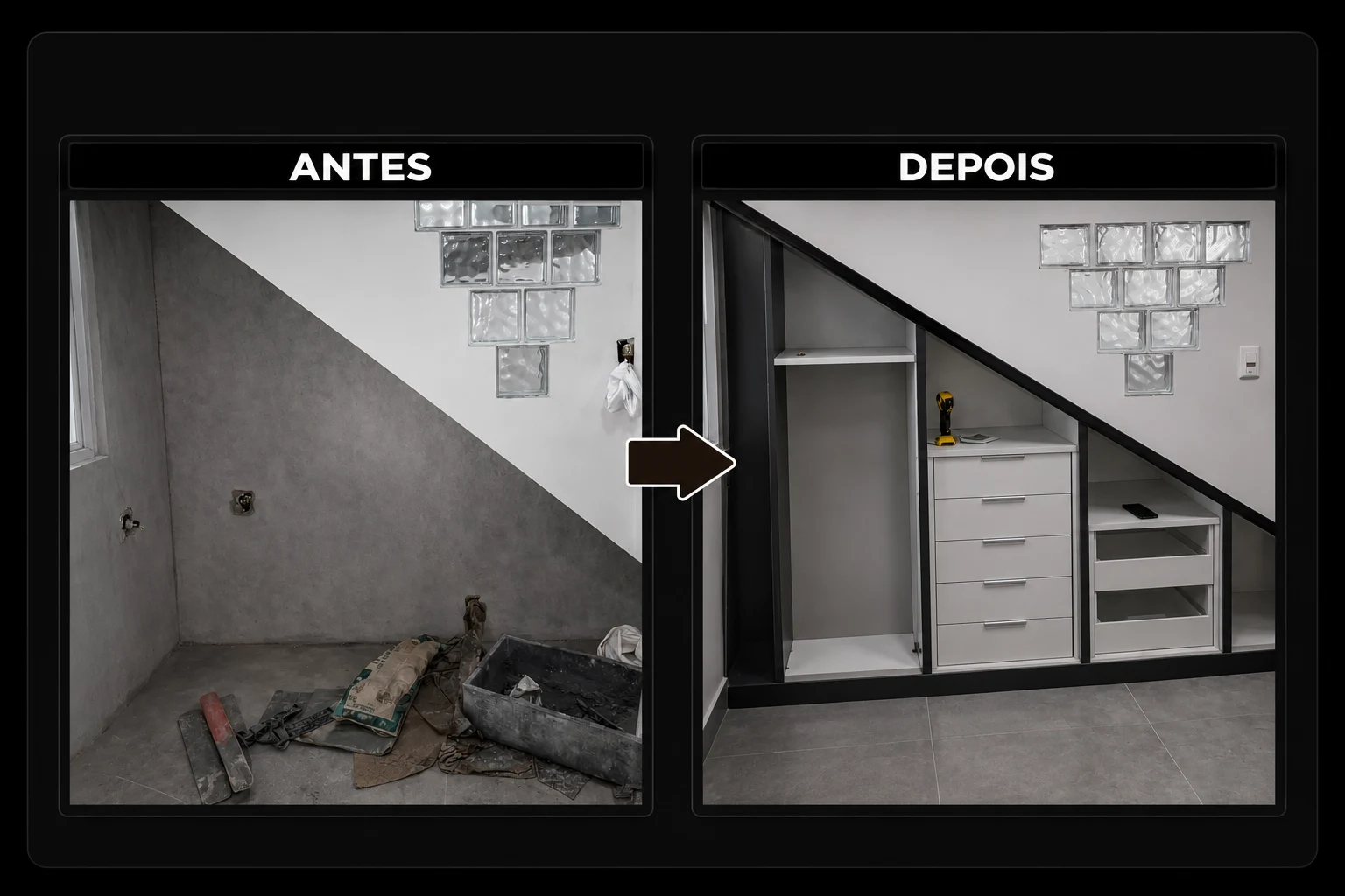 Antes e depois de móvel planejado sob a escada