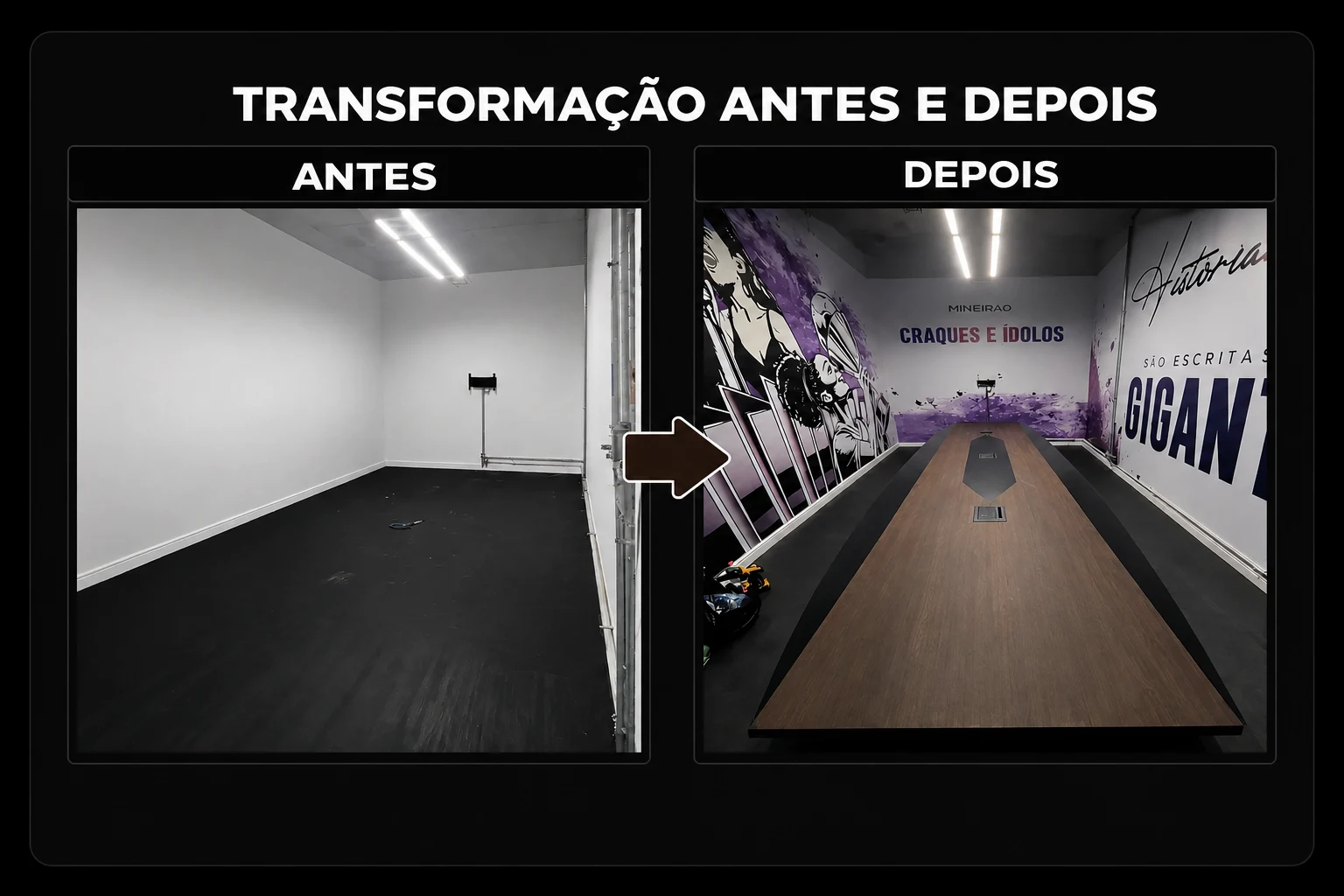 Antes e depois de sala de reunião corporativa